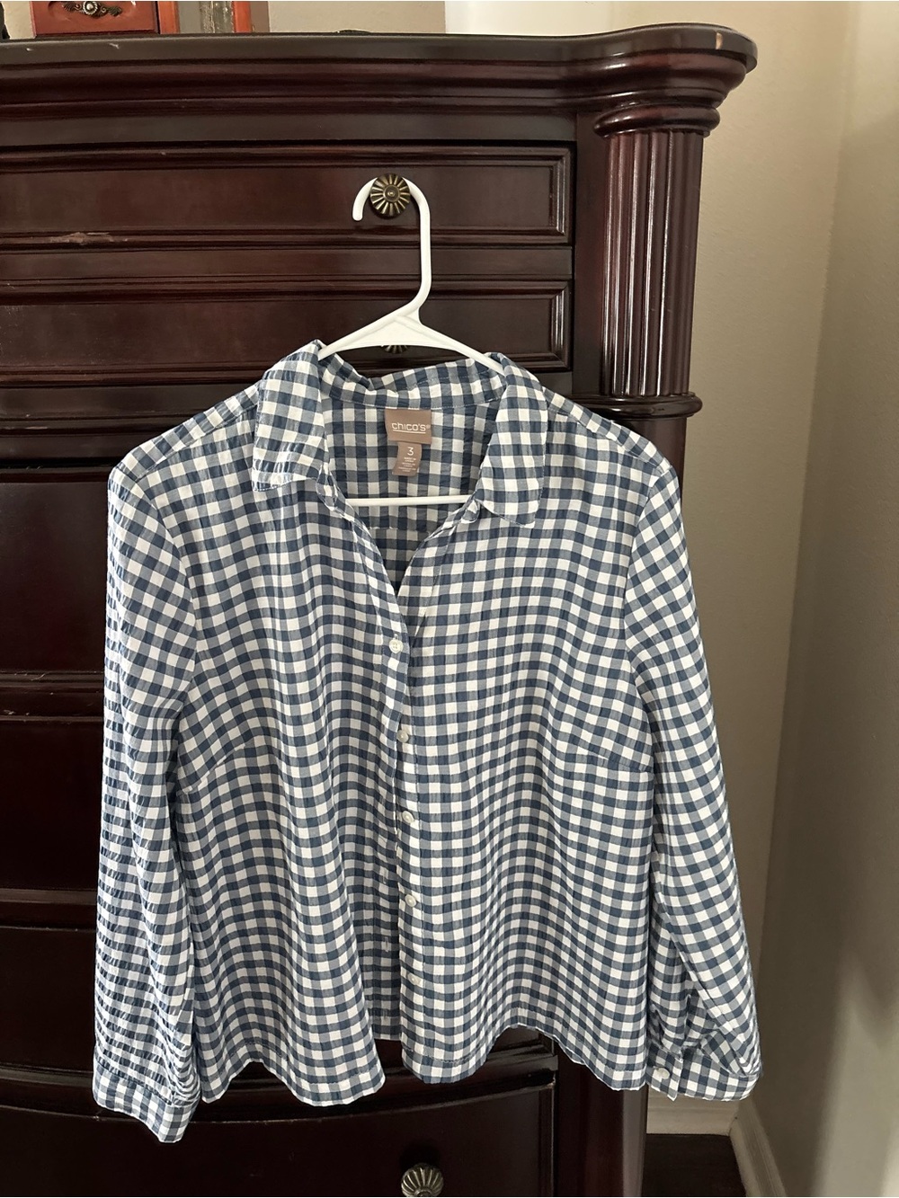 Chico's Blue and White Gingham Button-Down Shirt